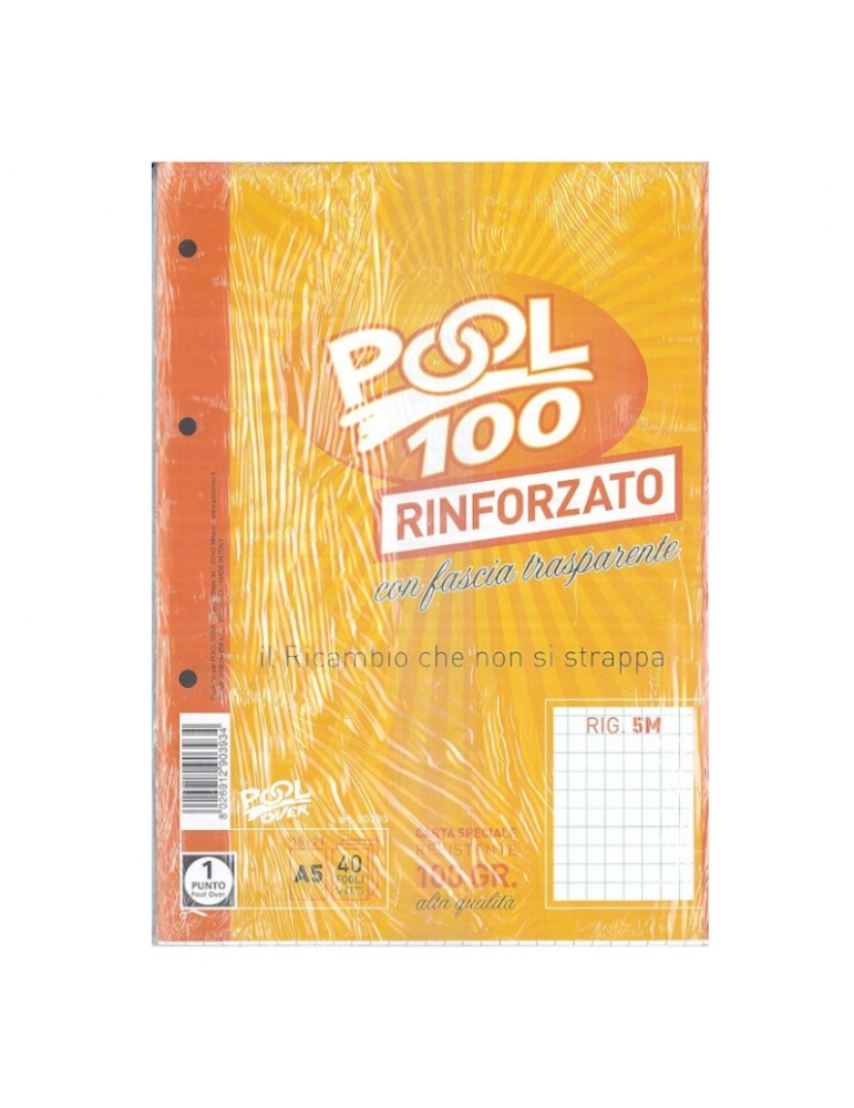 Ricambio Pool Fogli a Buchi A5 Rinforzati Quadretti 5mm 100 Gr. Confezione  40 Fogli