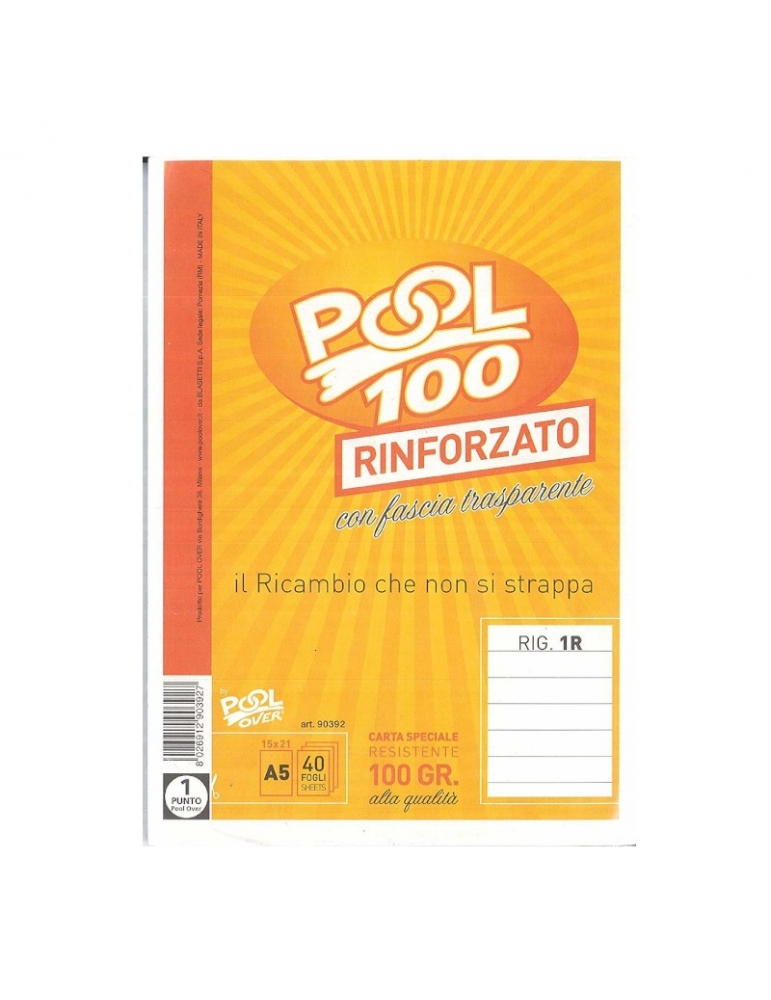 Ricambio Pool Fogli a Buchi Maxi Rinforzati Righe Senza Margine 100 Gr. - 5  Confezioni da 40 Fogli