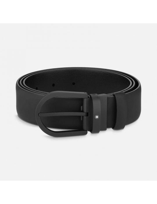 Cintura Montblanc in pelle nera 35 mm con fibbia a ferro di cavallo